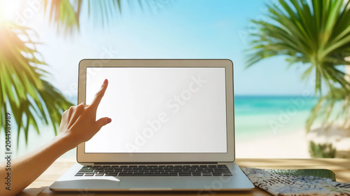 Person touches laptop screen beside beach with palm trees in the background during daytime