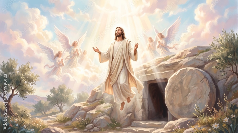 Obraz premium Jesus Christ rising from tomb with angels. Resurrection of Savior after crucifixion. Biblical scene of Easter morning miracle. Religious worship art, divine light, hope and salvation.