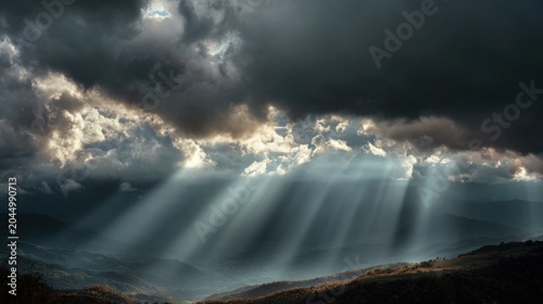 The sunlight shines through the clouds, it's so beautiful. in the morning
