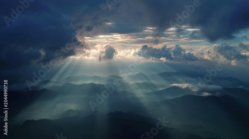 The sunlight shines through the clouds, it's so beautiful. in the morning
