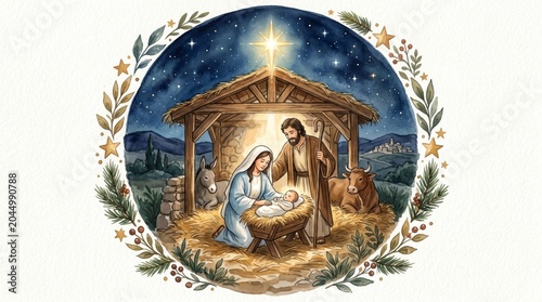 Nativity scene depiction featuring a woman, man and child in a stable. Religious Christmas illustration of the birth of Jesus. Traditional festive story for holiday celebration.