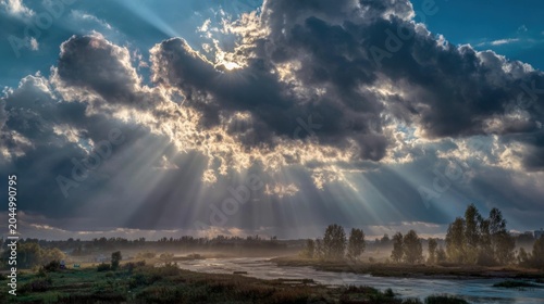 The sunlight shines through the clouds, it's so beautiful. in the morning

