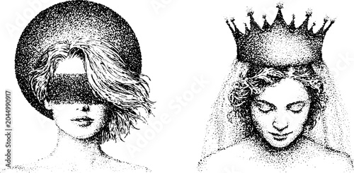 Blindfolded woman and crowned veiled bride presented side by side