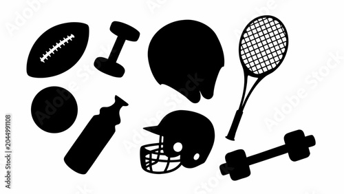 Collection of sports equipment icons in black silhouette