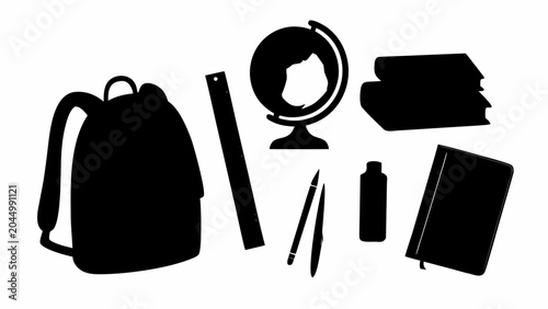 Black silhouettes of school supplies