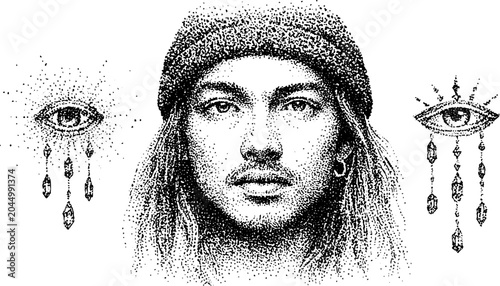 Young man wearing beanie looking forward with decorative eyes