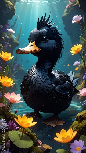 Adorable Black Duck Standing Among Blooming Water Flowers in Enchanted Pond