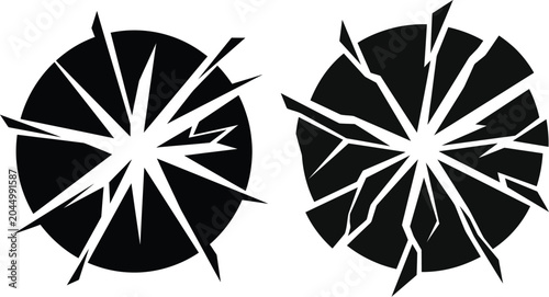 Bild auf Leinwand Set of two circular black broken glass patterns representing shattered surfaces