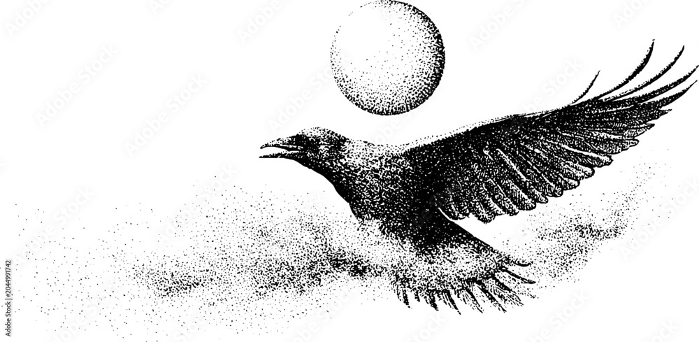 Obraz premium Raven spreading wings while flying under sunlit sphere