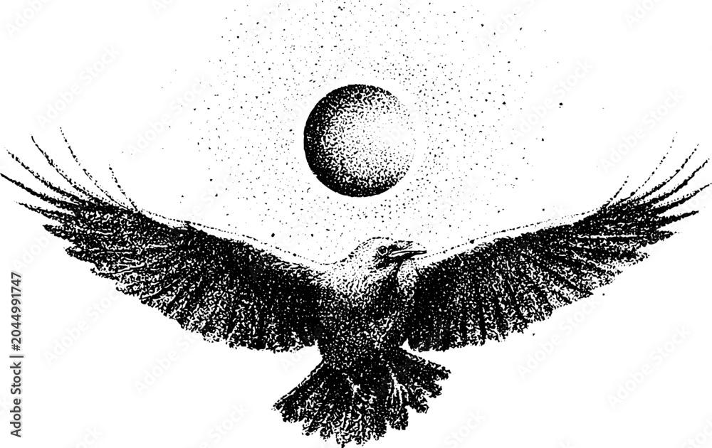 Obraz premium Raven soaring with outstretched wings beneath dotted orb
