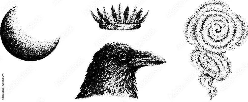 Obraz premium Raven head with crown beside crescent moon and spiral smoke