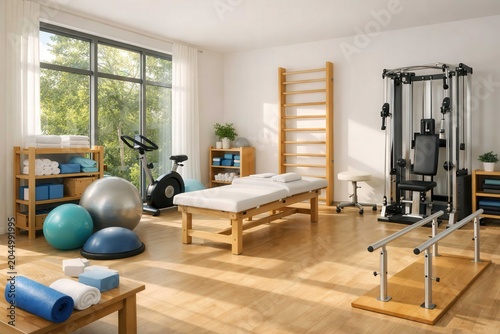 Modern physiotherapy and rehabilitation clinic interior with exercise equipment, treatment table, fitness tools and bright wellness space
