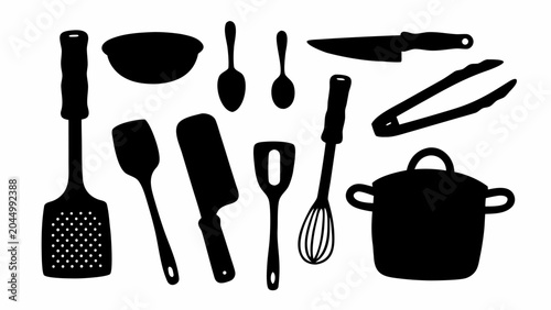 Black silhouettes of various kitchen utensils and cookware