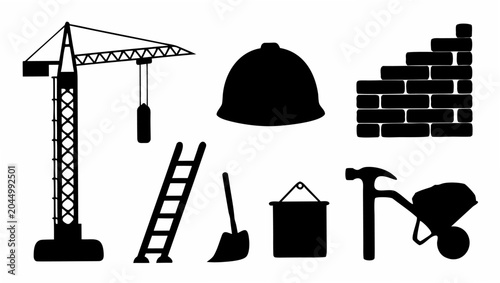 Black silhouettes of construction tools and equipment