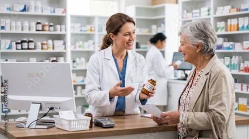 Pharmacist explains medication to elderly woman in pharmacy with shelves full of medicines and a computer on the counter