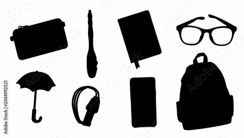 Collection of black silhouettes of various personal items