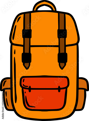 A vibrant orange cartoon backpack with brown straps and a red front pocket, perfect for travel, hiking, or outdoor adventures.