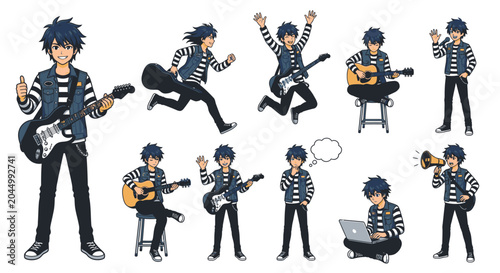 Anime boy character sprite sheet with various activities.