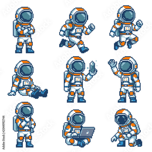 Pixel art astronaut character sprites in various poses.