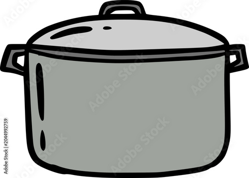 Simple cartoon illustration of a gray cooking pot with a lid and two handles, used for preparing meals in the kitchen.