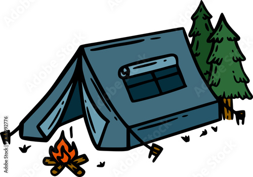 A cartoon illustration of a blue camping tent pitched outdoors with a warm campfire and two tall pine trees.