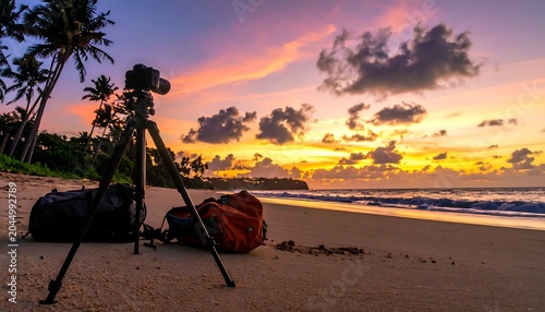 Silhouetted Camera on Tripod Standing on Sandy Beach at Colorful Tropical Sunset