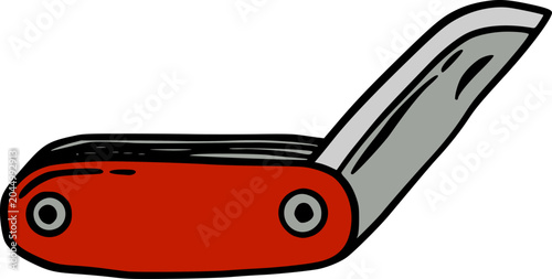 A simple cartoon illustration of a red multi-tool or Swiss Army knife with one blade extended, depicted against a white background.