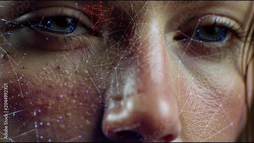 Close up of a young womans face with visible skin imperfections and makeup.