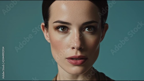 Close-up of a beautiful woman with elegant makeup looking at the camera.