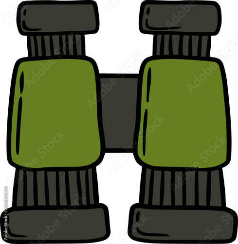 Hand-drawn cartoon illustration of a pair of green and black binoculars, perfect for outdoor activities and observation.