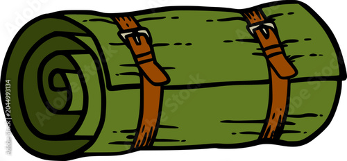 A cartoon illustration of a green rolled-up sleeping bag or camping mat secured with two brown leather straps and metal buckles, ready for outdoor adventures.