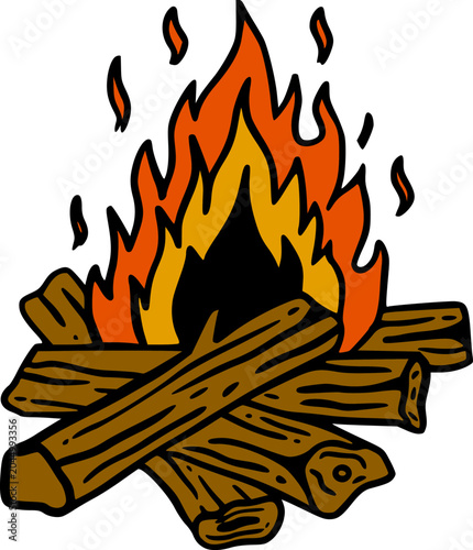 A cartoon illustration of a burning campfire with stacked logs and vibrant orange and yellow flames against a white background.