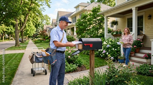 Friendly mail carrier delivering letters and packages to a suburban home with a woman receiving mail at her doorstep