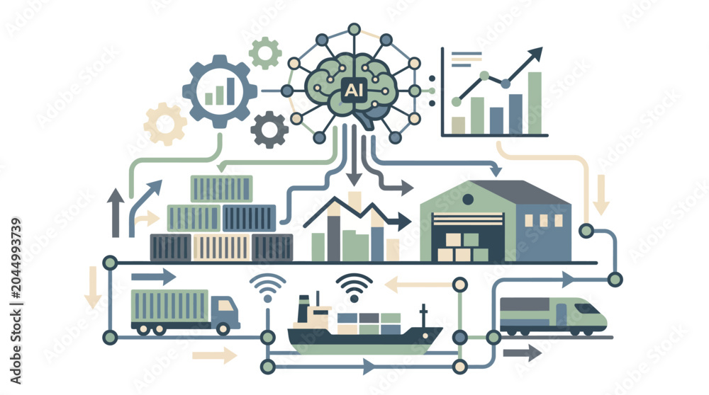 Fototapeta premium AI Driven Supply Chain Logistics Data Architecture Map with Central Intelligence Brain and Multi Moda Eco Transportation Network Concept