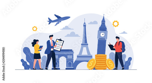 Travel agents or tourists planning a global vacation surrounded by world landmarks, gold money coins, and a plane.