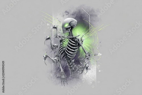 tattoo design of an alien skeleton with many arms and green glowing eyes, the background is grey color with some neon colors in it