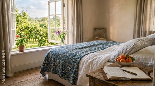 Sunlit bedroom with open window overlooking garden and orchard. serene cottage interior features blue quilted bedspread, bedside table with bowl of oranges and open notebook.