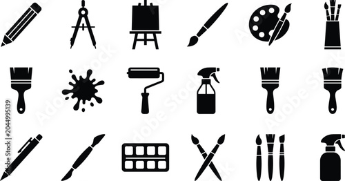 Collection of art and craft supplies icons in black and white for design