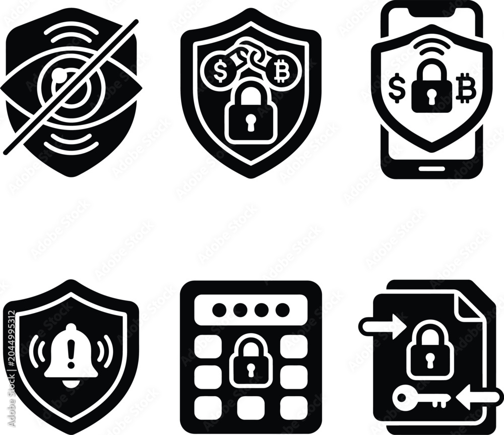 Obraz premium Security icons including shield with lock and alarm on white background