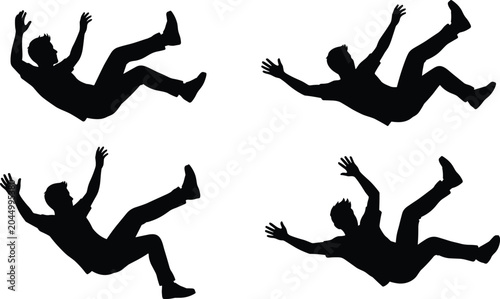 Fotografia Four falling man silhouettes isolated on white backdrop showing different body p