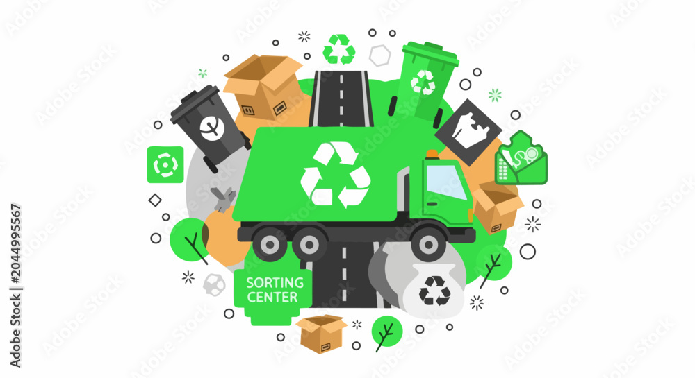 Fototapeta premium Recycling and Waste Management Flat Illustration Featuring a Green Garbage Truck, Sorting Center, Trash Bins, and Cardboard Boxes for Sustainability Concepts