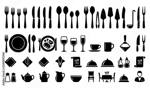 Bild auf Leinwand Dining utensil silhouette vector icon set tableware and restaurant symbols