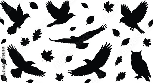 Tableau sur toile Set of black silhouettes featuring flying birds and scattered autumn leaves on w