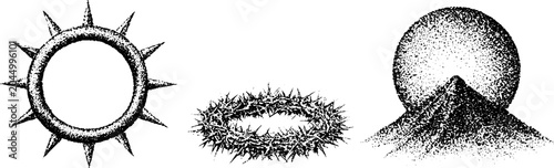 Three symbolic sun crown and mountain aligned on white background