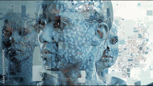Digital Human Faces with Glitch Effect Representing Artificial Intelligence and Data Processing.