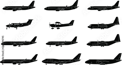 Billede på lærred Commercial Aircraft Silhouette Collection Set Featuring Passenger Jets Cargo Pla