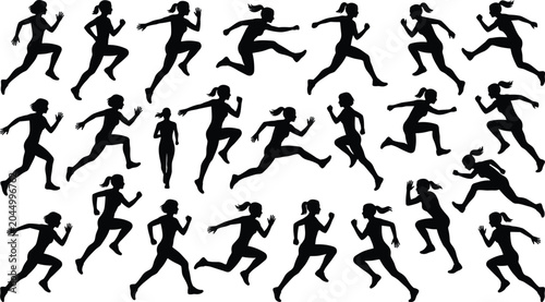 Obraz na plátně Women running silhouettes set showcasing diverse female athletes in motion on wh