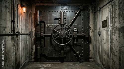 Steel fallout shelter door in an underground bunker. Massive metal vault door with wheel handle in a concrete corridor. Survival and security concept