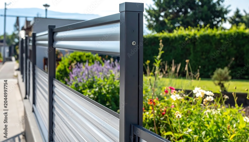 Fototapeta premium Modern Metal Garden Fence Running Along Sunny Residential Yard