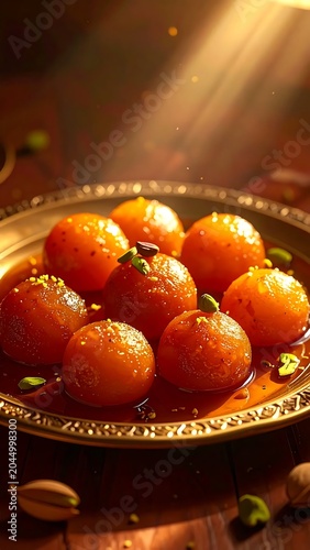 Golden Syrup Soaked Dessert Balls Arranged on Ornate Plate in Warm Sunlight